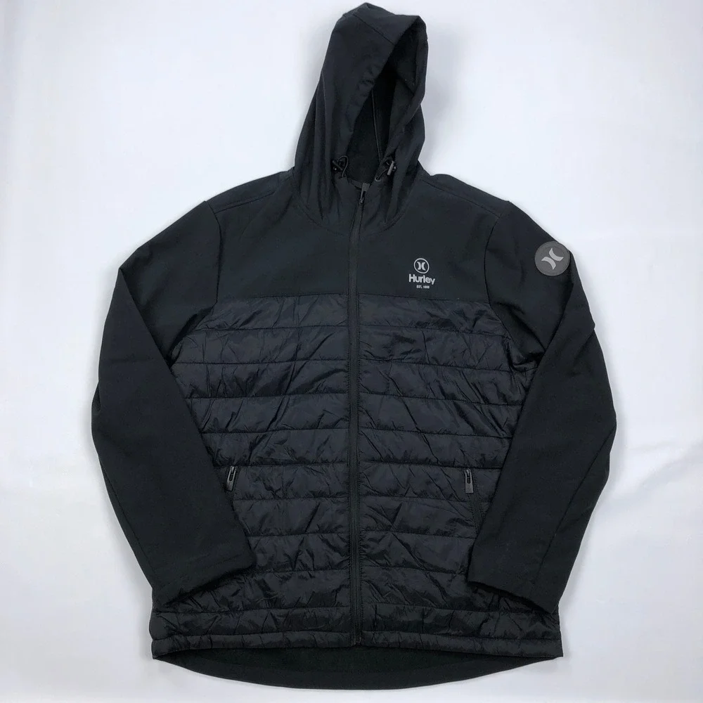 Hurley Mens XL Black Hybrid Puffer Softshell Hooded Jacket Full Zip 1524096